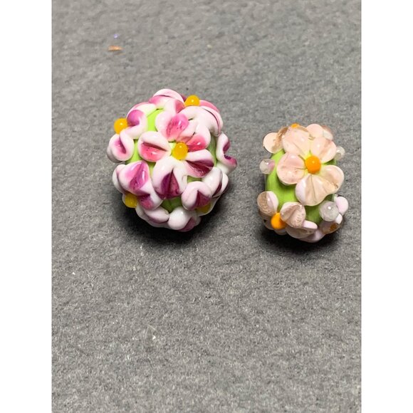 Handmade Floral Lampwork Glass Beads Green Base with Pink & White Flowers Bead - Picture 6 of 6